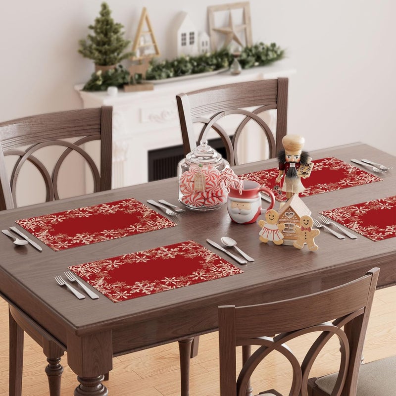 XCHI Red Snowflakes Winter Christmas Xmas Placemats Set of 8 Table Mats for Party Home Kitchen Dining Table Decorations 12x18 Inch - Image 4